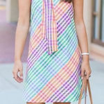 J.Crew Tie Bow Neck Mulitcolor Rainbow Gingham Print Shift Dress Size 6 S Small Photo 0