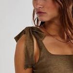 Free People NWOT  Boulevard Tank Top S Crop Shoulder Bow Tie Ruched Green Boho Photo 4
