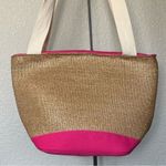 Straw Fabric Tan Pink Tote Bag Beach Picnic Photo 1