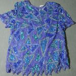 Vintage Styleworks Sequined Silk & Polyester Top Short Sleeve Blue & Green Women Size L Photo 3