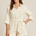 Free Assembly cream linen blend shorts romper jumpsuit belt button front Sz S Photo 0