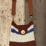 Handcrafted Brown, Cream and Blue Crochet Bag with long adjustable guitar strap Brown Photo 0