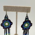 Beaded Dangle Drop Earrings Seed Bead Black Blue Green Boho Handmade Photo 1
