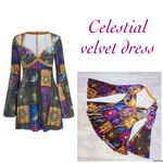 Celestial velvet long belle sleeve midi dress sun moon stars small witchy Blue Photo 1
