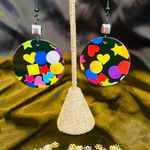 Artisan Bold Geometric Dangle Earrings | Colorful Shapes on Black | Square Metal Accent Photo 0