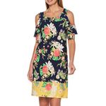 Rafaella Dress Blue Pink Yellow Floral Cold Shoulder Short Sleeve Dress Large Photo 14