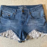 Rue 21 Rue 21 Denim Cutoff Jean Shorts with Cream Lace Crochet Accent Size 9-10 Photo 0