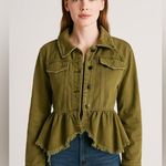 Free People  Olive Green Frayed Hem Denim Jacket XS | Utility Boho Casual Layer Photo 1