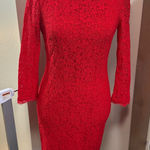 Adrianna Papell  Red Lace Lined Midi Bodycon Sheath Long Sleeve Scallop Trim‎ 2 Photo 0
