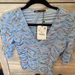 ZARA  Tulle Blue Floral Print Top Blouse  Size S Ruched Photo 0