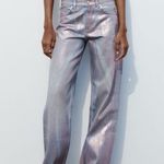 ZARA MID WAIST FULL LENGTH TRF FOIL SILVER METALLIC WAXED JEANS SIZE 6 NEW Photo 3