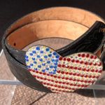 Cache Black Embossed Leather 3" METAL HEART Rhinestones Flag Buckle Belt NWT New Photo 4