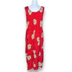 Vintage 90s Maxi Dress Red Tropical Hibiscus Floral Print Smocked Top Medium Photo 4