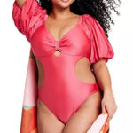 NEW Fe Noel x Target Pink One Piece Swimsuit Metallic Puff Sleeve Sexy Cutout XL Photo 0
