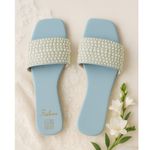 Women’s Blue Pearl Wedding Sandals Size 40 US 9/9.5 Beaded Strap Slip Photo 0