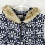 Talbots Women's Vest Medium Blue White Fair Isle Knit Faux Fur Collar Zip Front Photo 1