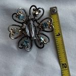 Vintage Virgin Mary Brooch Silver Tone Pin Blue Rhinestones Catholic Religious Photo 5