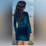 GOBLES Green Velvet Bodycon Dress L Long Sleeve Square Neck Mini Blue Size L Photo 2