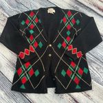 Christopher & Banks Vintage Black Cardigan with Red and Green Argyle Photo 1