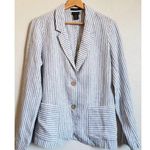 Tahari  Blazer Women L Blue White Striped Linen Two Button Preppy Timeless Jacket Photo 0