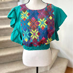 Source Unknown Mexican Embroidery Ruffle Blouse Cropped Teal Green Rainbow Star Western Boho Photo 0