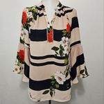 Valerie Stevens  Blush & Navy Floral Striped Bell Sleeve Blouse Size Small Photo 1