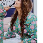 PajamaSutra Firoza Dressing Robe in Block Print Floral Blue Photo 0