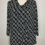 Jones New York  Sz XL Geometric Print Long Sleeve Knot Neck Blouse Black White Photo 0