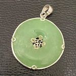 Sterling Silver Vintage 925 Natural Jade Jadeite Donut Circle Lucky Pendant 5.5g Photo 8