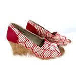 Toms size 6.5 red white wedge heels peep toe slide on Photo 2