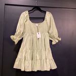 Mable Emory Smocked Ruffle Babydoll cotton mini dress NWT light green olive S Photo 2