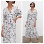 Club Monaco  Drape Sleeve Midi Dress Size 10 Blue Gray Floral Aline Lightweight Photo 1