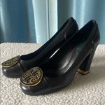 Tory Burch Black and Gold Chunky Heel Pumps with Gold Ornament Photo 0