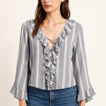 American Eagle  NEW Blue White Stripe Ruffle Lace Up Flare Sleeve Boho Y2K Top M Photo 0