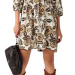 Ba&sh NWT Printed Floral Leaf Volvet 3/4 Sleeve Mini Dress Beige Size XS Photo 0