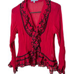 Ny Collection  Petite Blouse Red Black Ruffle Sheer‎ Button Down size S Photo 0