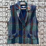 CAbi rough tweed woven plaid double breasted button front vest blue green red Photo 0