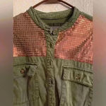 Anthropologie  Army Green Cotton Blend Shirt Jacket with Copper Sequins; size 14 Photo 2