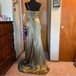 NWOT green one shoulder satin prom dress size 6 lace up back flared skirt slit Photo 2