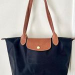 Longchamp  Le Pliage Medium Nylon Shopping Tote Bag Black Brown Leather Trim Photo 0