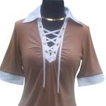 Cache Brown Lace Up Front Ruched Bust Stretch Top New Rayon Spandex $88 NWT Photo 0