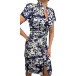 Theia Blue White Black Floral Faux Button Front Mandarin Collar Sheath Dress 2 Photo 1