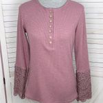 Ribbed Knit Lace Cuff Long Sleeve Henley Shirt Mauve Dusty Rose Size Large Purple Photo 0