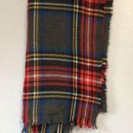 Large Checkered Wrap Scarf Red Gray Blue Yellow Frayed Edge Photo 0