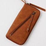 Free People Distressed Vegan Wallet Pull Zipper Coin Pouch Card Slots Brown NWT Photo 0