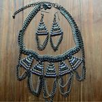 Silver Beaded Statement Bib Necklace and Earrings Gray Photo 0
