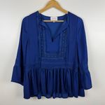 Devlin  Womens Embroidered Bell Sleeve Tunic Top in Blue Sz XS Boho Peasant Flowy Photo 2