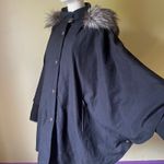 The Fur Vault Black Cape Jacket Silver Fox Trim Hood Made in Greece Size 44 Photo 5