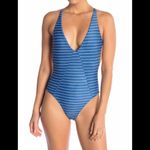 Rip Curl blue stripe plunge neck cheeky swimsuit. New Photo 2