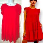 Evelyn Flutter Sleeve Casual Cherry Red Ruffle Tiered Mini Dress Has Pockets L Size L Photo 1